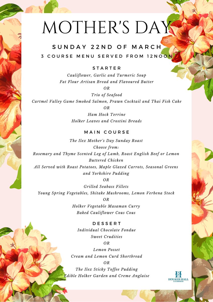 Don't forget, it's Mother's Day next Sunday!

Treat your mum to a fantastic 2 or 3 course meal in the Ilex Brasserie and then enjoy a picturesque stroll around our gardens. 

To book your place, call 019395 58328.