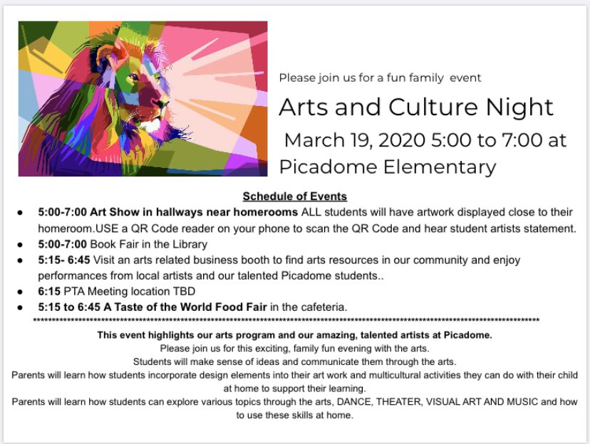 Please join us for our annual Arts and Culture Night, next Thursday, March 19. Parents can use a QR code app to listen to your child’s artist statement while viewing their artwork. You don’t want to miss this action packed, family friendly event.