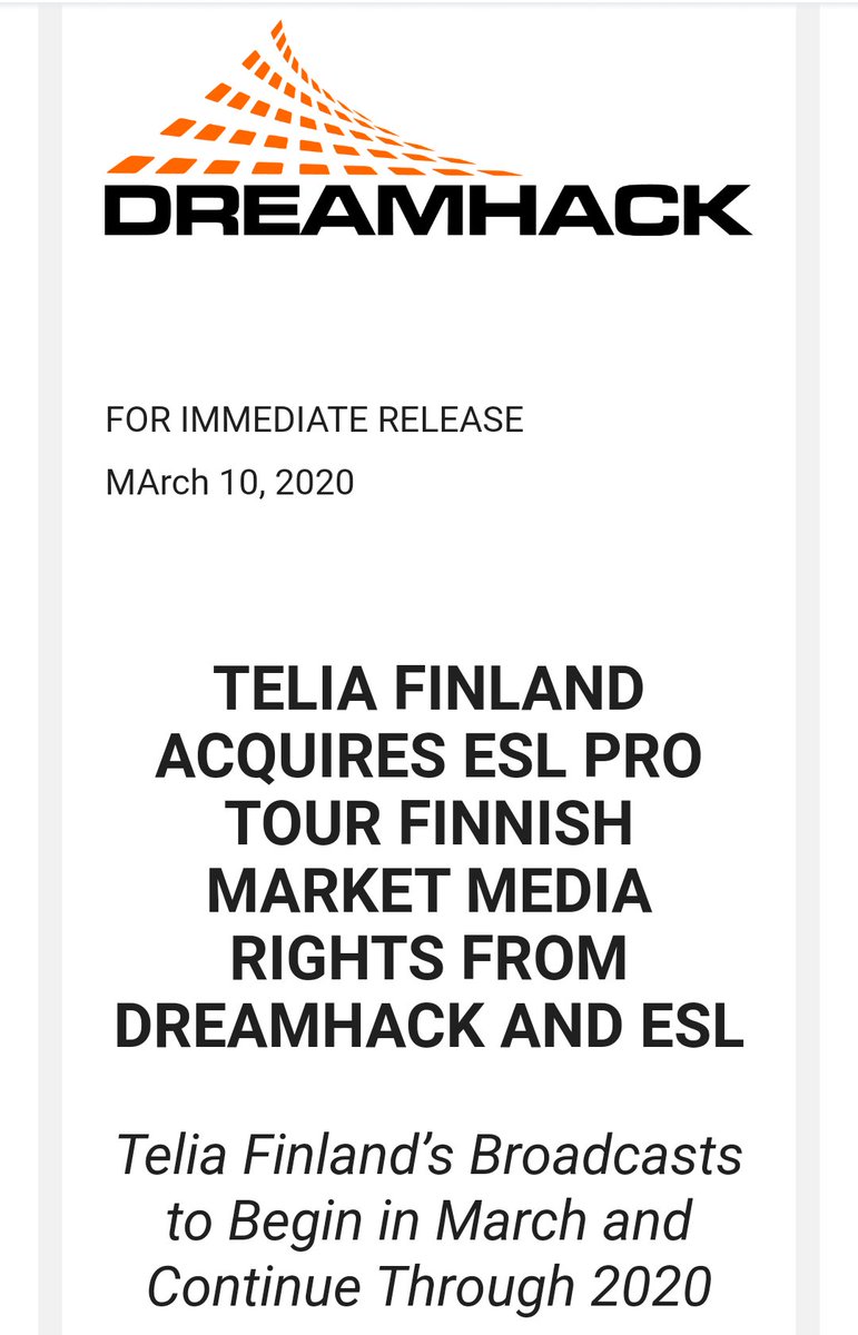 MelioraInf's tweet photo. Telia (@teliafinland) on ostanut media oikeudet ESL Pro Tourille alkaen maaliskuusta lähtien. Pro Tour linkittää yhteen yli 20 turnausta ja liigaa yhdeksi kokonaisuudeksi, joka kulminoituu kahteen mestaruuskilpailuun vuoden aikana.

#esportsfi https://t.co/w74ubDY7Ho