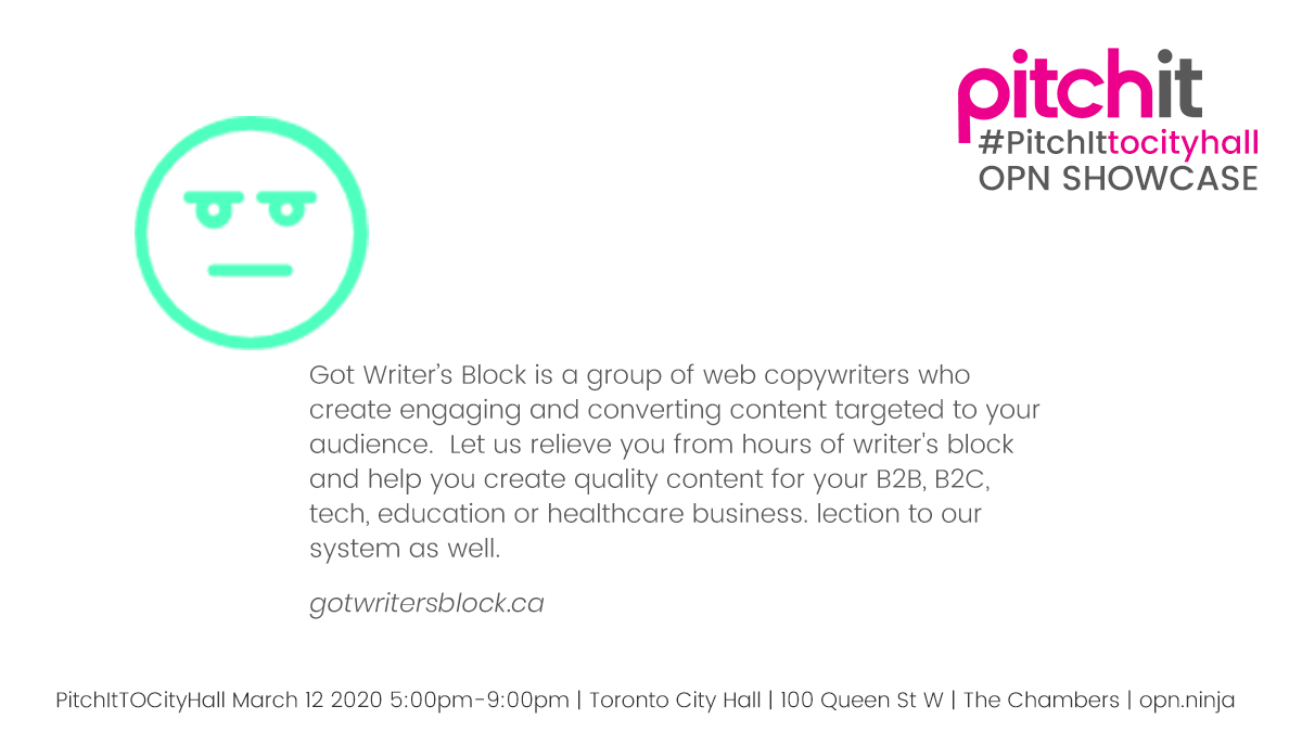 Opeoplenetwork's tweet photo. Got Writer’s Block? No problem.
@writersblock_CA
are experts of the written word. Say #HELLO at the #OPNShowcase on March 12. Register at https://t.co/4A7pUkEb6g #OPNShowcase #Entreprenuer #event #Toronto https://t.co/JEBgm6GLMq