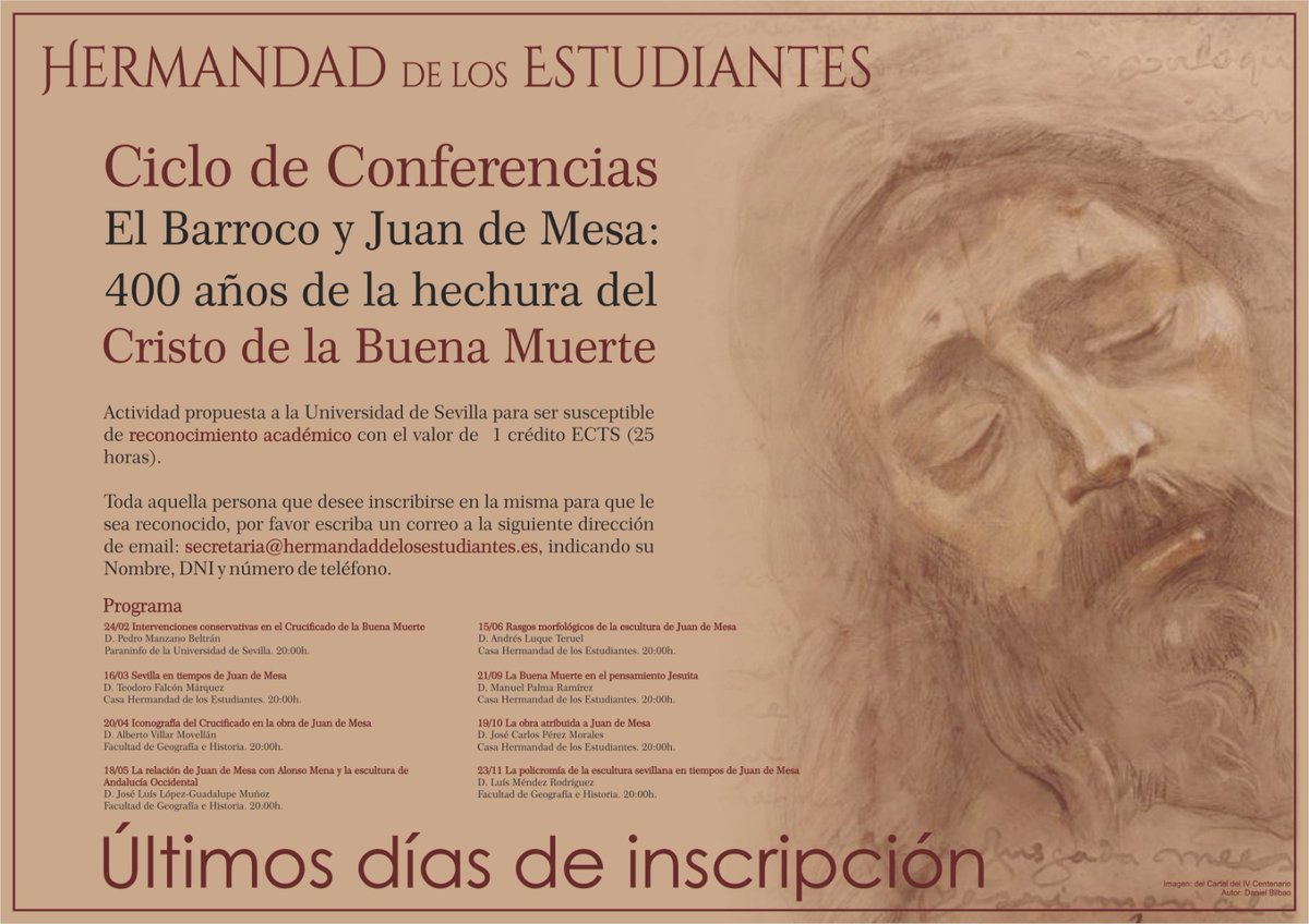 Estudiantes_Sev's tweet photo. ✔ El lunes 16 tendrá lugar la segunda conferencia del ciclo sobre el Barroco y Juan de Mesa organizado por el #CuartoCentenario del Cristo de la #BuenaMuerte. El catedrático de Historia del Arte de @unisevilla, Teodoro Falcón, disertará sobre 'Sevilla en tiempos de Juan de Mesa' https://t.co/Fjc1jdnCAN