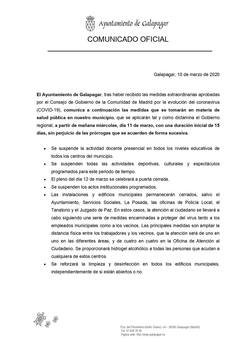 AytoGalapagar's tweet photo. 🔴Comunicado oficial del Ayuntamiento de Galapagar respecto a las medidas por el COVID-19.

Las medidas que se tomarán en materia de salud pública en nuestro municipio entrarán en vigor, a partir de mañana, con una duración inicial de 15 días.

➡️https://t.co/VWx0iOfPeW https://t.co/GxxnB3QN3q