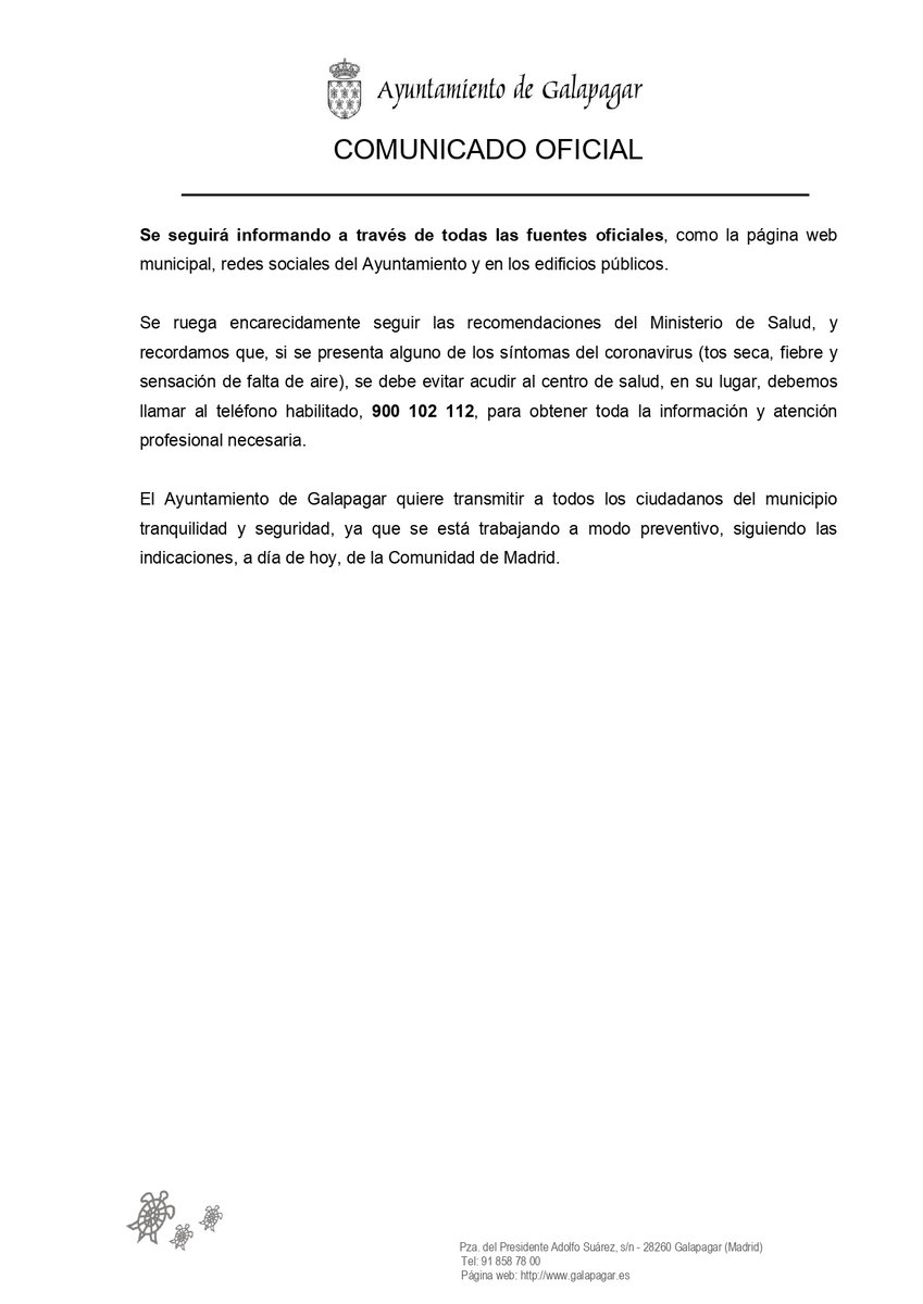 AytoGalapagar's tweet photo. 🔴Comunicado oficial del Ayuntamiento de Galapagar respecto a las medidas por el COVID-19.

Las medidas que se tomarán en materia de salud pública en nuestro municipio entrarán en vigor, a partir de mañana, con una duración inicial de 15 días.

➡️https://t.co/VWx0iOfPeW https://t.co/GxxnB3QN3q