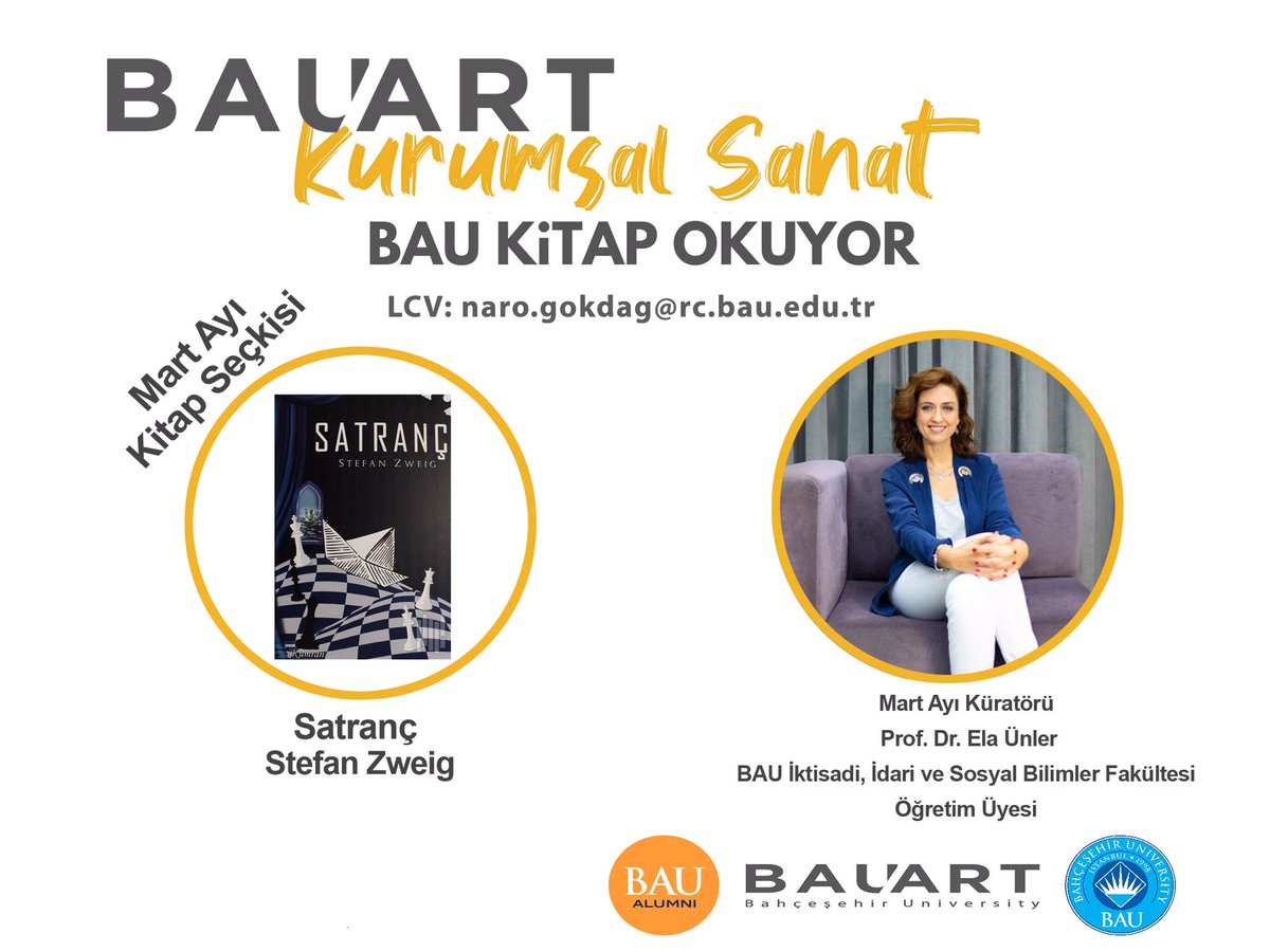 Mart ayı kuratörlüğünü BAU İktisadi, İdari ve Sosyal Bilimler Fakültesi Öğretim Üyesi Sn. Ela Ünler‘in gerçekleştireceği  "BAU Kitap Okuyor" etkinliği'nde siz değerli mezunlarımızı da aramızda görmekten mutluluk duyacağız. 📚 

Etkinlik detayları için:
naro.gokdag@rc.bau.edu.tr