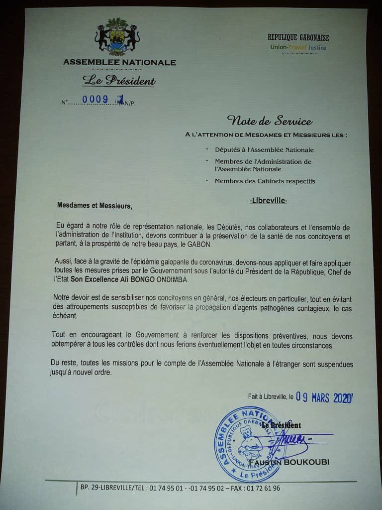 Le président de l’Assemblée Nationale vient de prendre la décision de suspendre toutes les missions pour le compte de l’AN à l’étranger. Il s’agit de respecter les mesures préventives pour faire barrage à l’épidémie covid-19.  Hier, le SG du PDG avait déjà montré la voie. <a href="/Gabon/">Gabon</a>