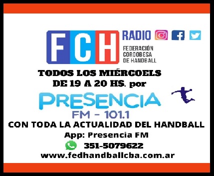 📢 Gran Noticia: desde este miércoles 11/3 llega el Programa Oficial de la Federación 🤾‍♂️🤾‍♀️ "F.C.H Radio"📠  por <a href="/fmpresencia/">presenciafm</a> 🎙️🎧101.1 de 19 a 20Hs.  
📲 App: Presencia FM Wapp: 351-5079622
💻➡️2wayfun.com/PRESENCIA/play… ⬅️
<a href="/RubenDiliddo/">Rubén Di Liddo</a> <a href="/gabycmartin/">Gabriela Martín</a> <a href="/emastri_MundoD/">Eugenia Mastri</a> <a href="/Adrian_Viotti/">ADRIAN VIOTTI</a>