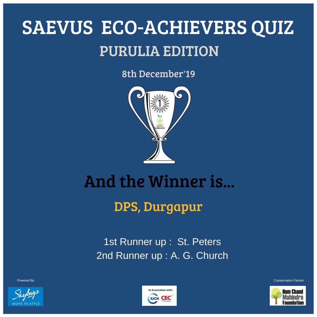 SaevusWildlife's tweet photo. ...and the winner of #PuruliaEdition of Saevus Eco Achievers Quiz 2019-20 is DPS Durgapur.
Congratulations to the winners!!
Powered by Skybags, Conservation partner : Hem chand Mahindra Foundation.
#Skybags #HCMF #nature #wildlife #quiz #schoolquiz #wildlifequiz #Puruliaquiz https://t.co/ZiiAl60Ozz
