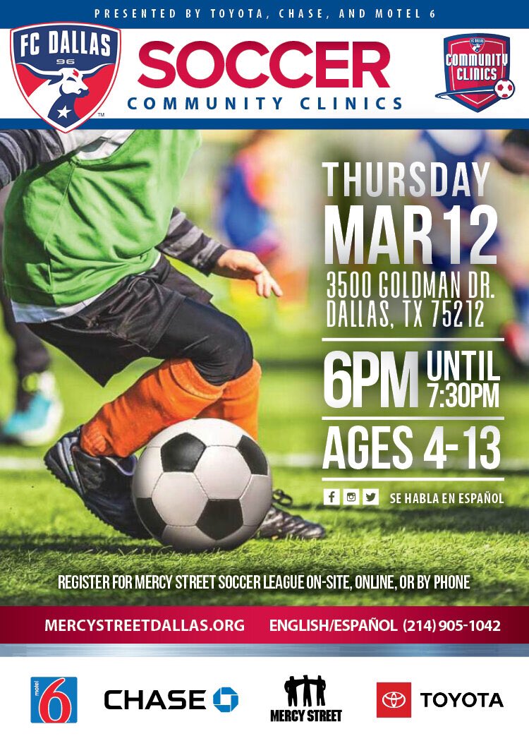 oby1kanobe's tweet photo. We're excited to announce that we are partnering with FC Dallas Youth Soccer to host a soccer clinic at the Mercy Street Sports Complex. The event will be on Thursday, March 12th from 6:00pm-7:30pm. You must register in order to participate. https://t.co/mePdBuDbXU https://t.co/CpwRFZXE5e
