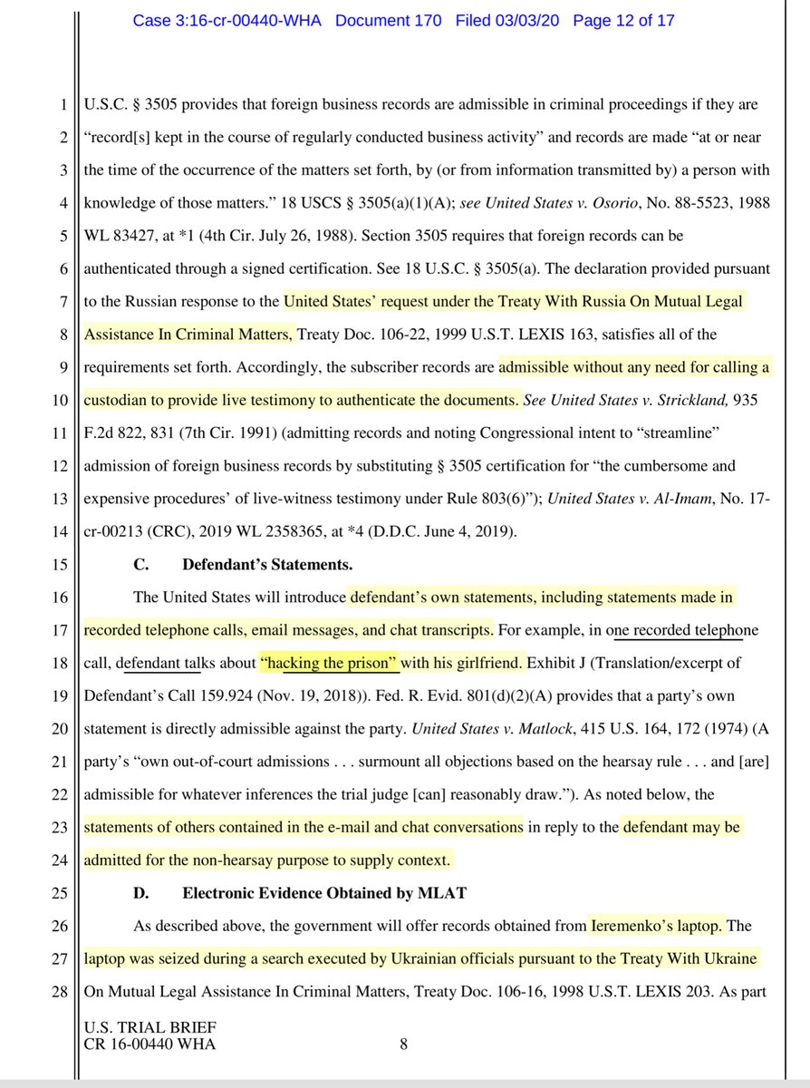 Notable the Govt disclosed it seeks to introduce evidence of Nikulin’s own words. Like the time on his jail house calls to his girlfriend that they should “hack the prison” currently holding Nikulin But it’s the data forensics - odd how Nikulin pivoted to being less combative