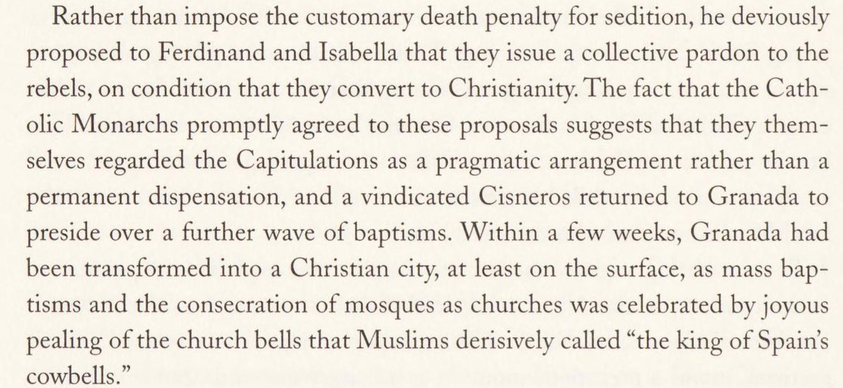 rebellious muslims were given 2 options - convert to christianity or be killed. within 3 months, granada had become a completely christian city under the pogrom & campaign of archbishop cisneros on isballeas' orders