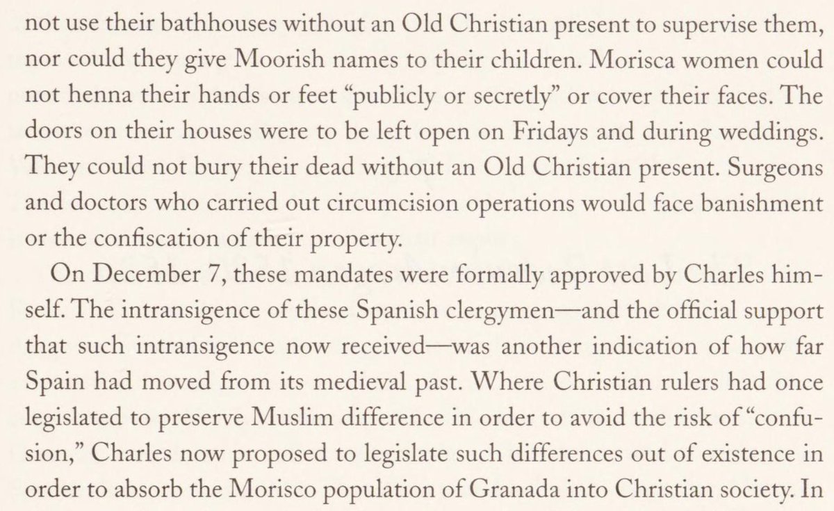 morisca women were preventing from using henna, prohibited from giving moorish names & circumcision was banned. the brilliance was 2 foldfirst you wanted to "other" the muslims, to create hostilities & convert them. now once they were converted you wanted to "one" them,