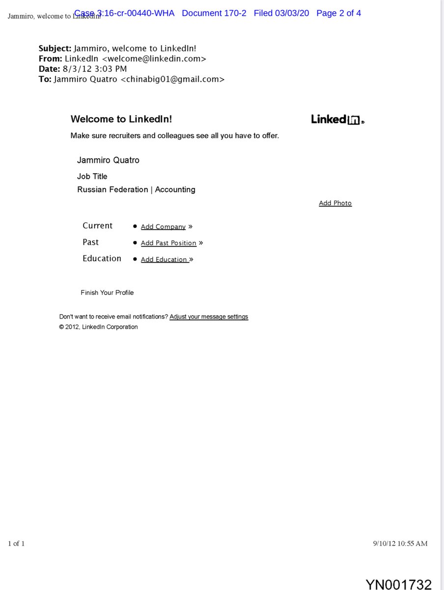 Govt submitted the “confirmation emails” from LinkedIn Dropbox & FormSpring concerning Nikulin’s primary email account used to hack “ http://Afraid.org  using the email address chinabig01@gmail.com”(paywall) https://ecf.cand.uscourts.gov/doc1/035019025580?caseid=304407Public Drive https://drive.google.com/file/d/1hWuJ8KoOPqG7qNFHI0wlcVPsYb1bboAy/view?usp=drivesdk