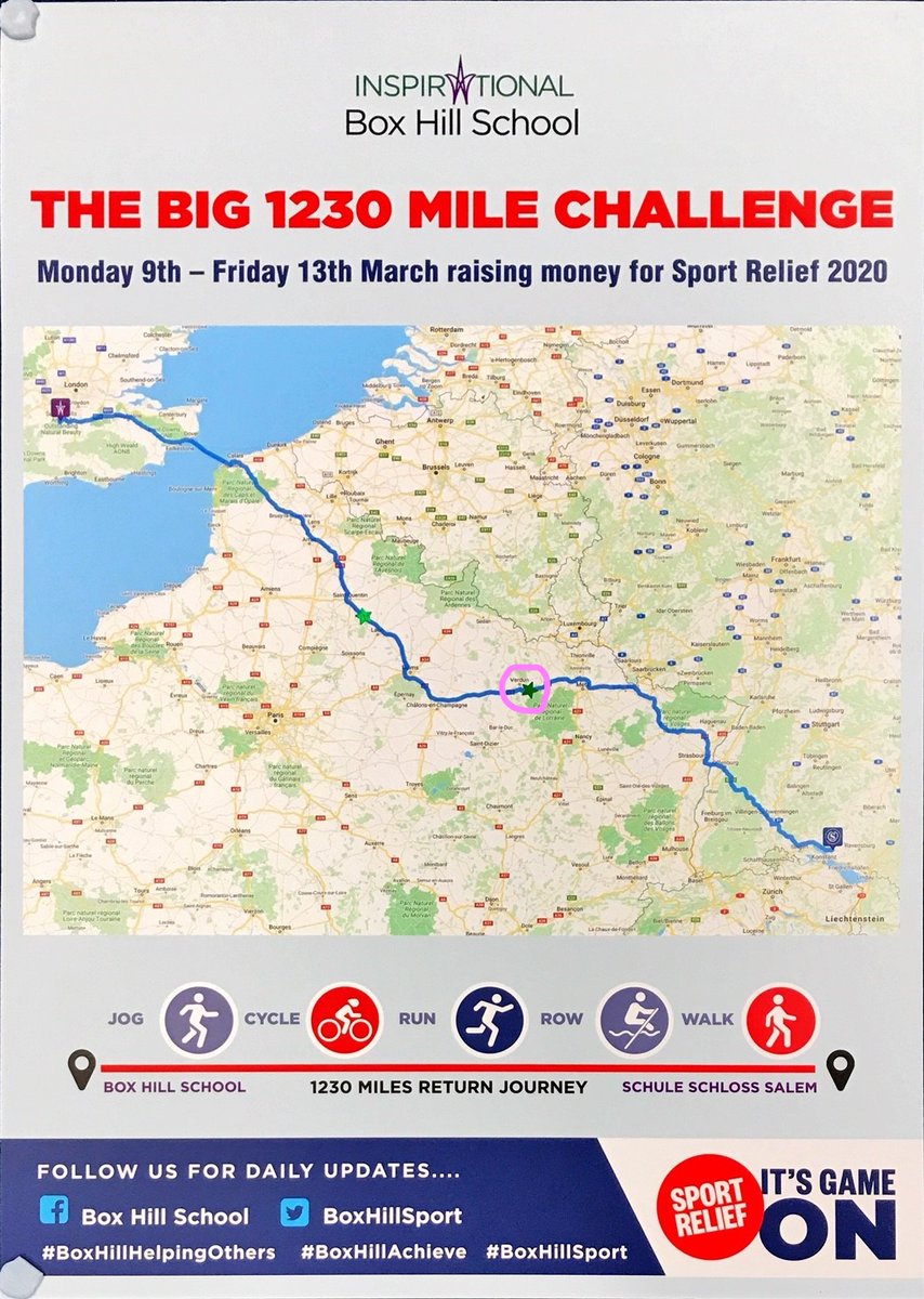 boxhillschool's tweet photo. 'THE BIG 1230 MILE CHALLENGE' update! We are just about to arrive in Metz, France! We now have a total of 389 miles so far. Well done everyone, keep going! 🏃‍♀️🚴‍♂️ @BoxHillSport @sportrelief @comicreliefsch #BoxHillHelpingOthers #BoxHillAchieve #BoxHillSport https://t.co/hbrZShIlHv