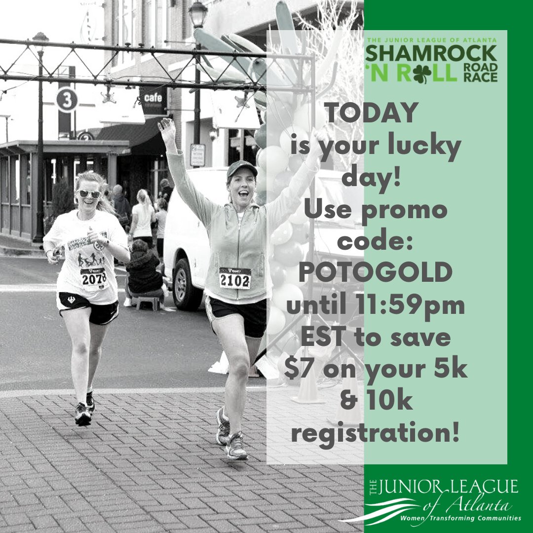 jlatlanta's tweet photo. Need some luck? Take $7 off our 5k and 10k #ShamrockNRoll registrations today with the promo code: POTOGOLD. https://t.co/KCsbsZH6gl
