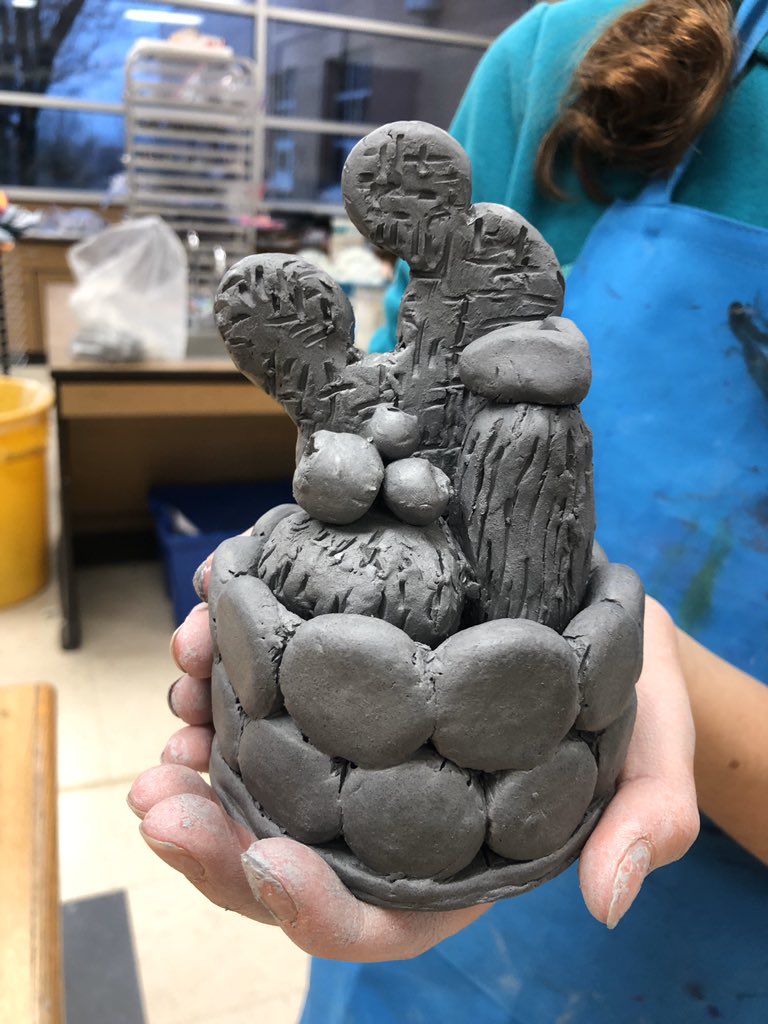 One of my favorite projects of the year! 6th graders studied coil pots made in the southwestern region of the United States, as well as different breeds of cacti. They constructed their own variation of a coil pot, then created a cactus (or several!) to be “planted” inside!