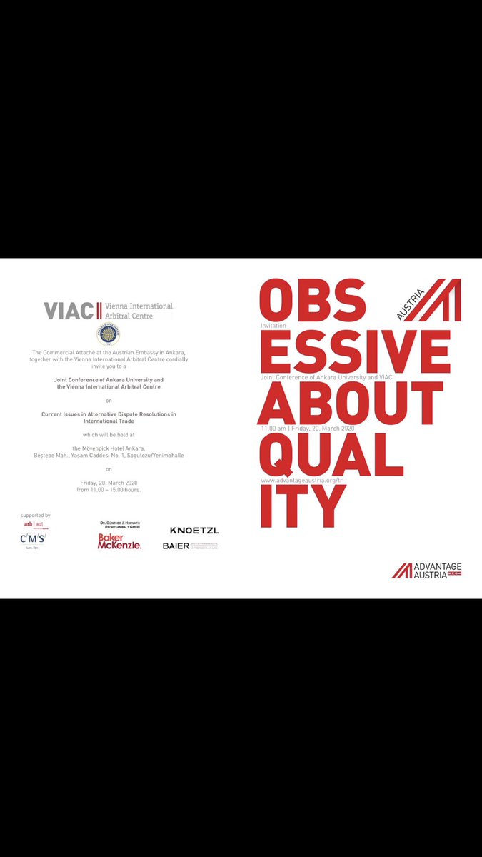 AvArzuOguz's tweet photo. Ankara Üniversitesi ve Viyana Tahkim Merkezi ile ortaklaşa düzenlenen Uluslararası Ticarette Alternatif Uyuşmazlık Çözümü Konferansı 20.03.2020 tarihinde 11.00’de Mövenpick Otel’de gerçekleştirilecek. Kayıt yaptırdınız mı? 📌 https://t.co/bBNqn2LXkj