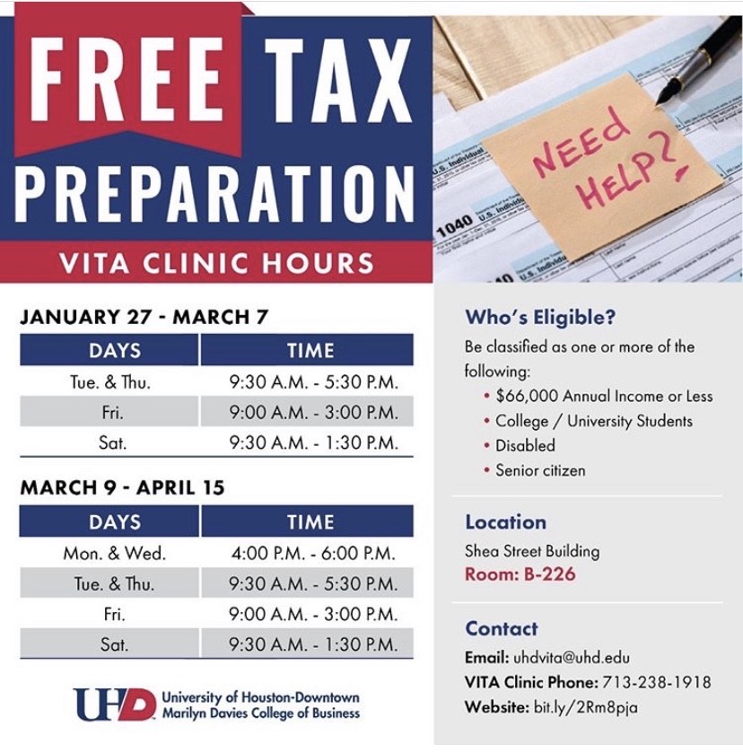 UHDVITA's tweet photo. Don't wait until the last minute to file your taxes! Contact VITA on Twitter for any updates and questions! 🐤 https://t.co/B8T9ecwhmd