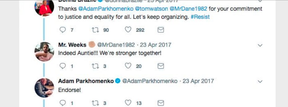 Here are people like Donna Brazile, Clinton advisor Philippe Reines, National Field Director for the Democratic National Committee Adam Parkhomenko praising him, Joy Ann Reid telling him to DM her about coming on his show. (14/?)