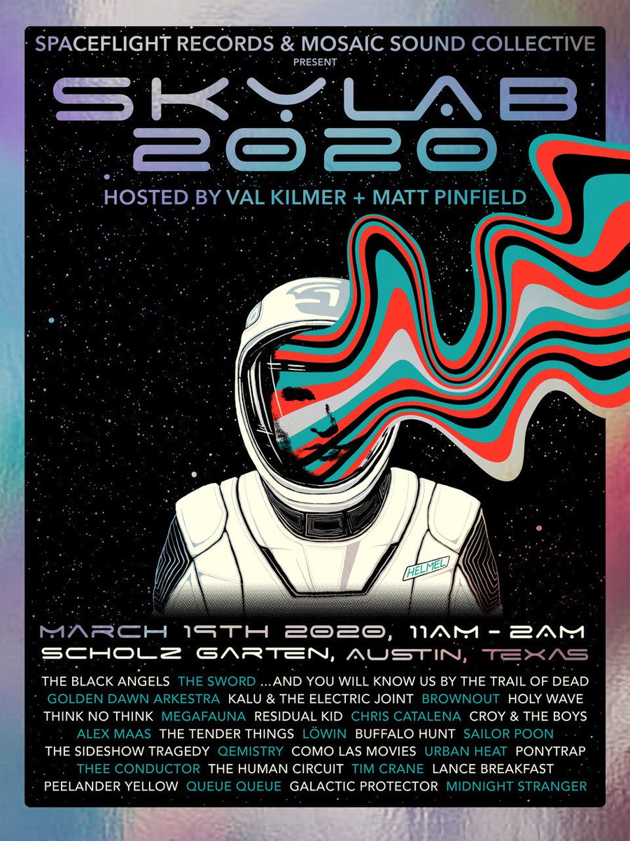 SantiagoVelaIII's tweet photo. #SKYLAB2020 STILL HAPPENING: MAR 19 @ SHOLTZ GARTEN @TheBlackAngels @TheSword @TrailOfDead @GoldenDawnArk @ThElectricJoint @ThinkNoThink @BrownoutBand @LowinATX @BadBoyCroy @SailorPoonBand + many more! FREE w/ RSVP @Do512 Hosted by @ValKilmer @MattPinfield https://t.co/U0J9ebiNln https://t.co/CvBx82jA0J