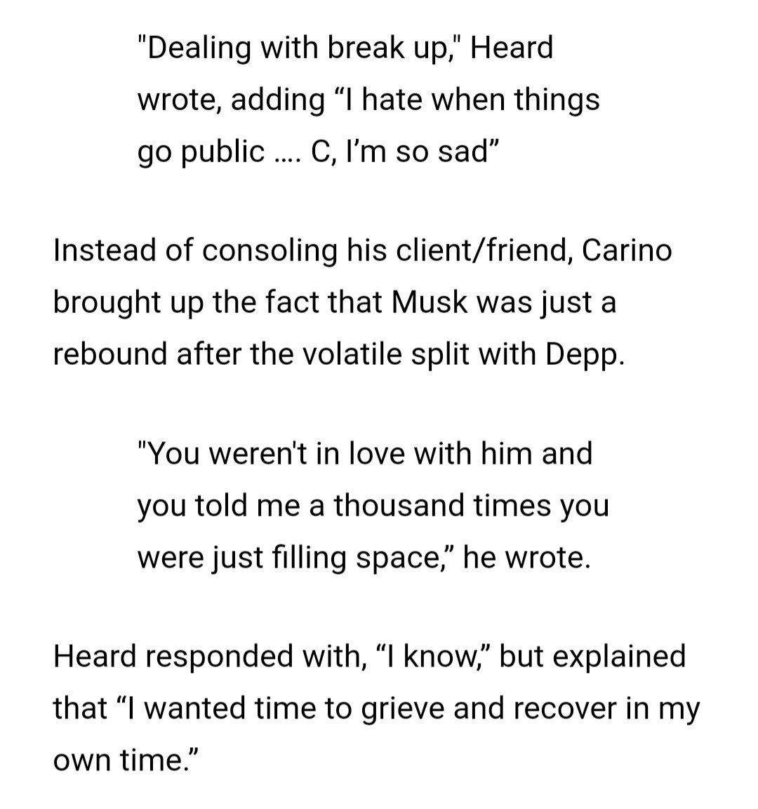 Next exchange after her breakup with Elon Musk. She says she "hates when things go public"... Carino says that she told him Musk was just a rebound. Amber answers, "I know."