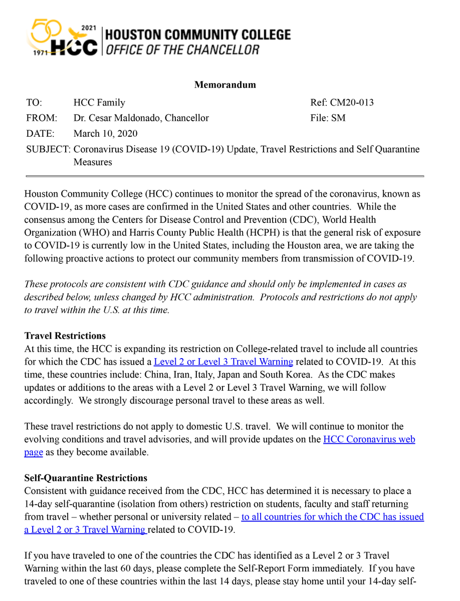 HCC_Egalitarian's tweet photo. Houston Community College Chancellor Cesar Maldanado sent out a memo Tuesday morning detailing updated travel restrictions. #coronavirus #COVID19 https://t.co/WiJCDXP0Hg