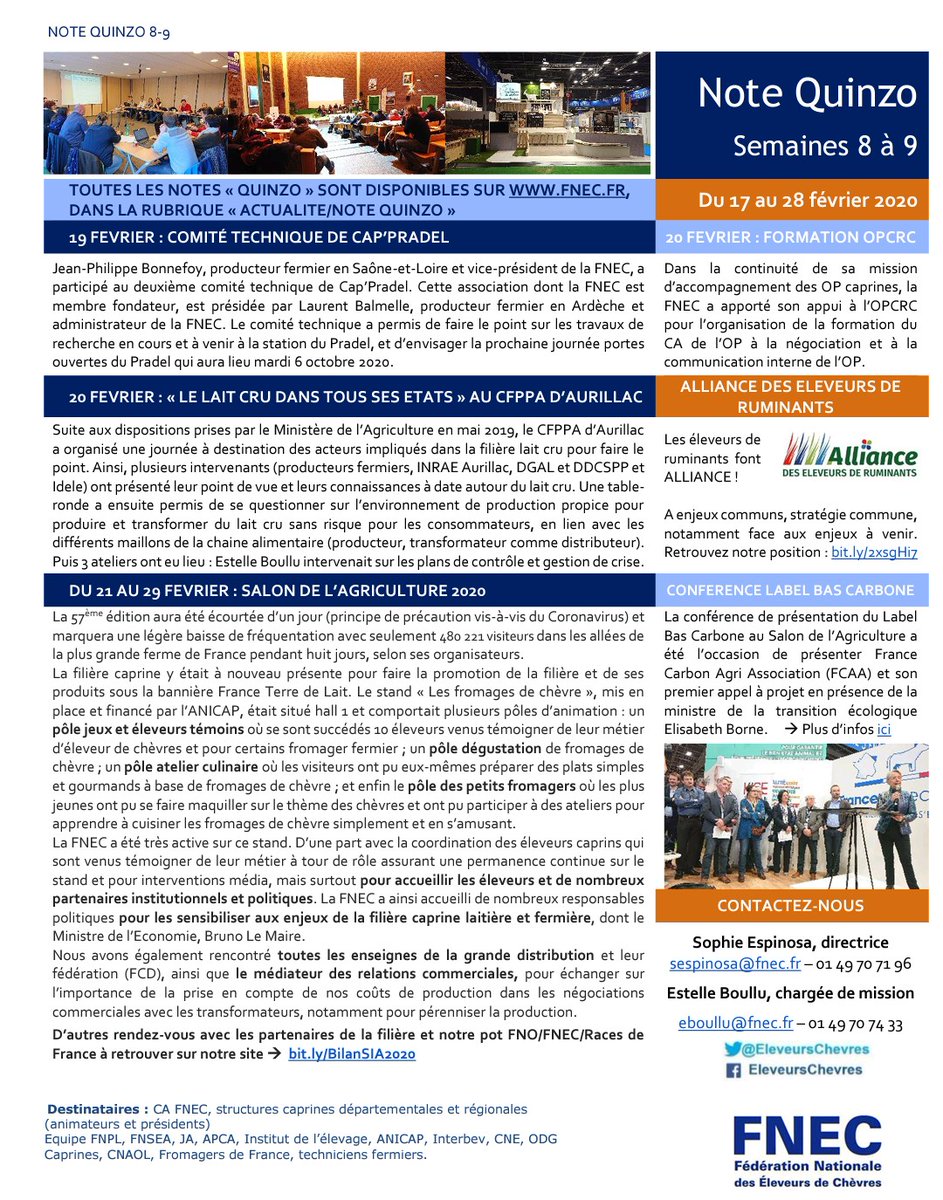 EleveursChevres's tweet photo. La dernière #NoteQuinzo de la #FNEC est en ligne sur https://t.co/WUuwZpwDey !

Au programme de cette quinzaine :  comité technique #CapPradel, journée #LaitCru Aurillac, lancement d'@AllianceEleveur, salon de l'agriculture 2020 et la conférence #LabelBasCarbone avec @CarbonAgri https://t.co/7IUR2f7i5Y