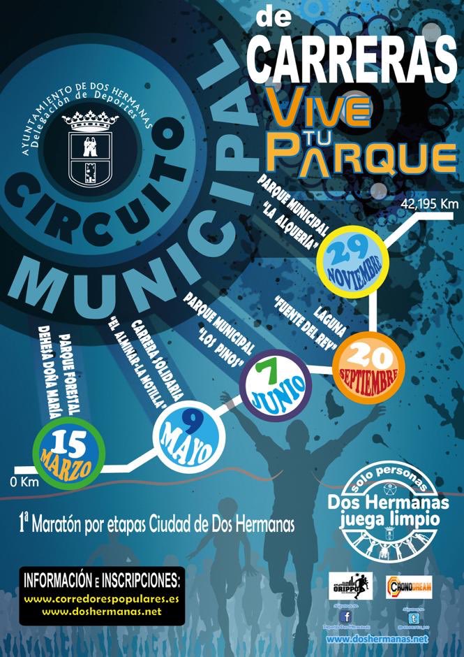 aytodoshermanas's tweet photo. 🔝El próximo domingo, día 15, arrancará la I Maratón por Etapas Ciudad de #DosHermanas con el estreno del I Circuito Municipal de Carreras “Vive tu Parque”, en el Parque Forestal Dehesa de Doña María. ➡️ Disponibles 500 dorsales al circuito completo. Inscripciones hasta mañana. https://t.co/mVef45DCrl