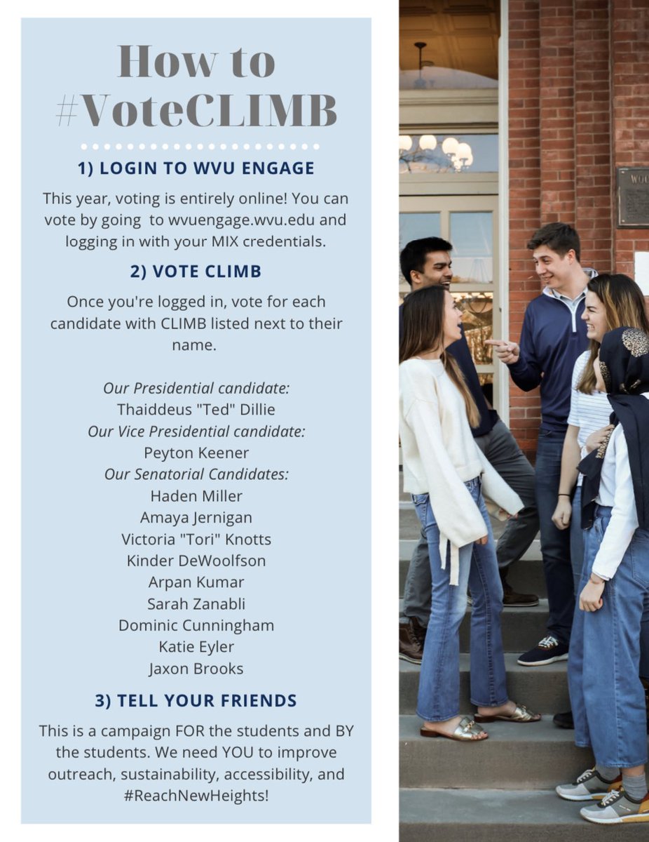 TODAY! Please support @hadencallmeryan and the entire #Climb ticket! Login to WVU Engage and vote Dillie/Keener along with the rest of this amazing Pro Greek ticket!