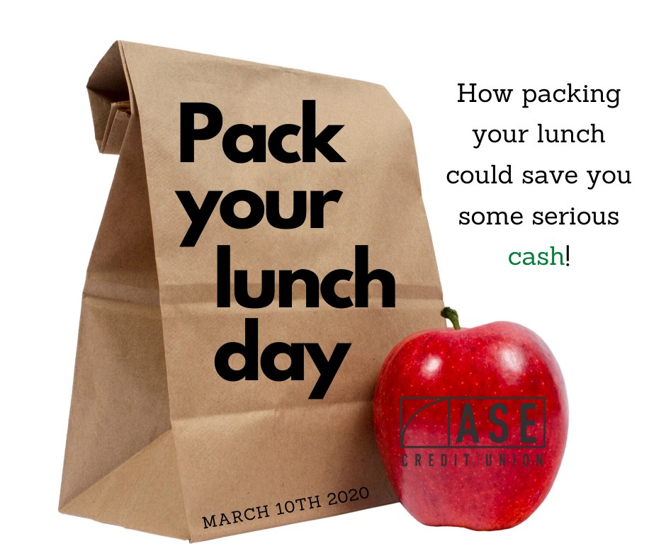 ASECreditUnion's tweet photo. It is National Pack Your Lunch Day. Looking for a way to save some serious money? Consider bringing your lunch to work. On average people who bring their lunch save $1,200 a year! #asecu #yourlifeyourgoalsyourase #packyourlunchday https://t.co/bvLLNOpmgG