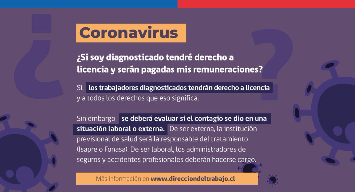 MintrabChile's tweet photo. ⚠️ATENCIÓN⚠️Los trabajadores que sean diagnosticados con #Coronavirus sí tendrán derecho a licencia médica y a todos los derechos que eso significa. Acá te contamos más detalles 👇🏼 #COVID19 https://t.co/pdkTkwYRzd