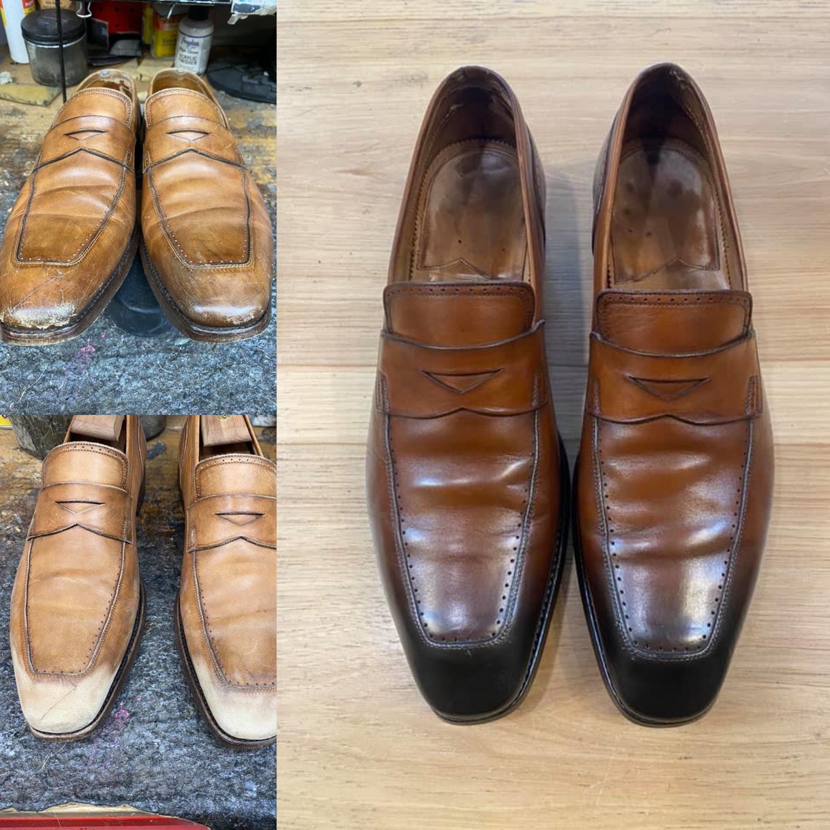 A nice little before (top left) , during (bottom left) &amp; after (right) we had to do some major work to refinish these but they turned out gorgeous 😍 #shoerepair #shopsmall #shopsmall #georgesshoerepairmn #since1905