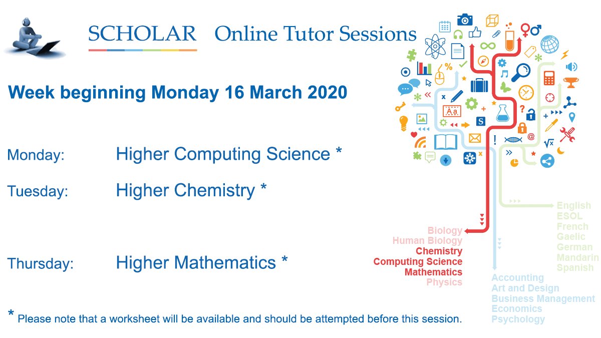 ScholarUK's tweet image. Our upcoming Online Tutor Sessions are Higher Computing, Higher Chemistry and Higher Maths
scholar.hw.ac.uk/sessionsSchedu…
Regular updates also on Facebook: SCHOLARprogramme
#HigherComputing #HigherChemistry #HigherMaths #revision #examprep