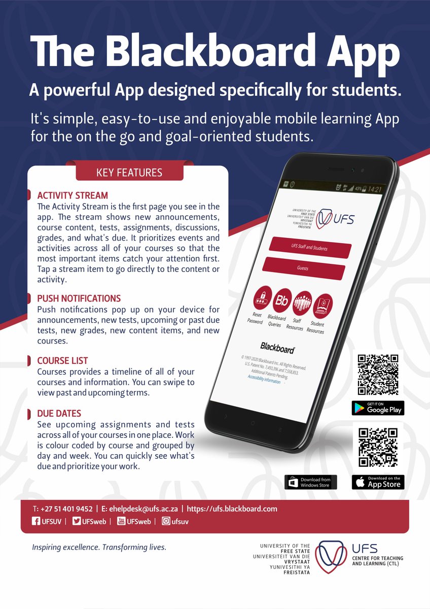 UFSweb's tweet photo. Download the Blackboard App. This simple, easy-to-use and enjoyable mobile learning App is available on the Google Play Store, Apple App Store as well as the Microsoft Store. https://t.co/XOzq1RX9ZJ