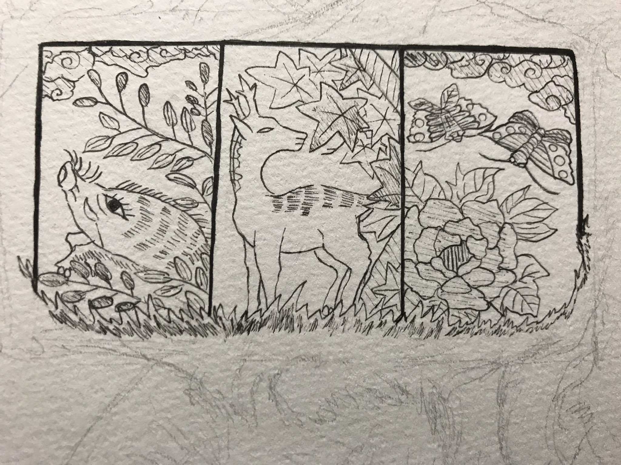 江垣ノセイゴ 落書き 絵描きさんと繋がりたい イラスト好きな人と繋がりたい 今回の異形には花札 を取り入れています 五光ではなく猪鹿蝶なのはひびきと絵柄が好きだからです T Co 4bunoschib Twitter