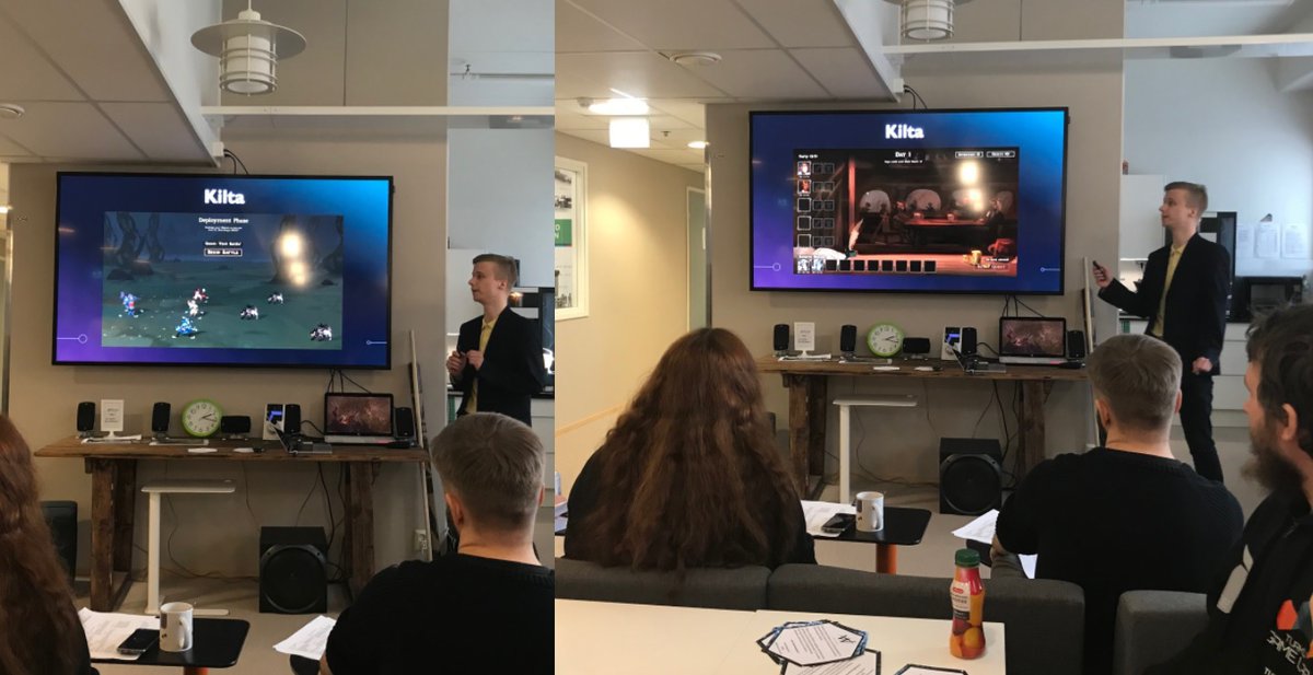 myTrueSound's tweet photo. Jani Nevaranta is presenting our next new game, KILTA, to the jury of PreBit Turku. Kilta is a RPG-manager auto-battler game. Best 4 games out of 11 will go to the Bit1 competition in Helsinki. Jury don't evaluate only the pitch, but also how the game play feels already. Lets see https://t.co/H3Z9VEsfIx