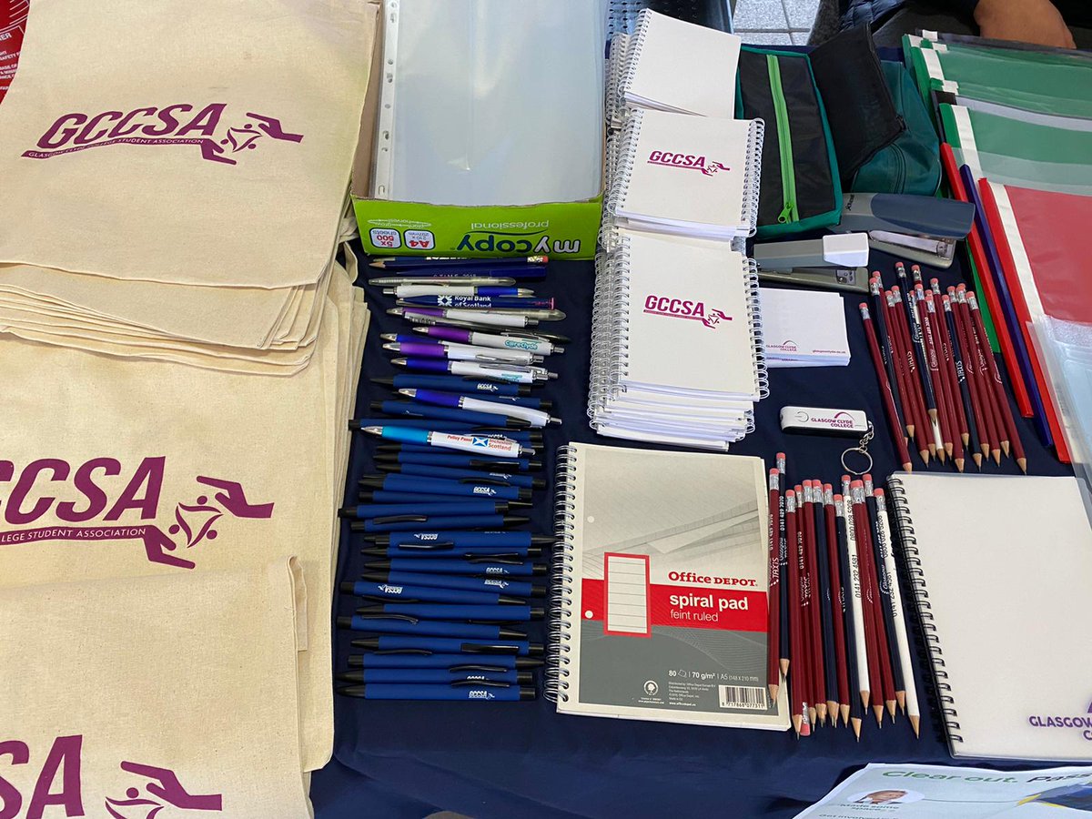 OfficialGCCSA's tweet photo. As part of #PassItOnWeek our student officers ran a 'Stationary for Students' stall at Langside campus today where students could access FREE stationary which was unused by staff around the college. Our aim was to reduce waste and save students money! ♻️ #ReduceReuseRecycle https://t.co/uQ2yPAe30m