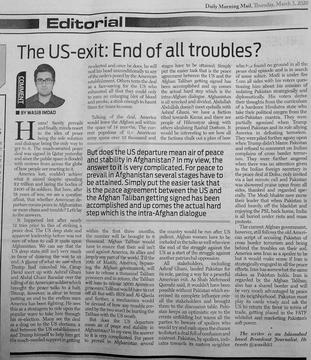 wasib25's tweet photo. My analysis on the US exit from Afghanistan and the intra-Afghan peace dialogue. 
@journalisthasan @Benazir_Shah @adeelraja @Ghummans @Xadeejournalist https://t.co/AhtyoOp3NX