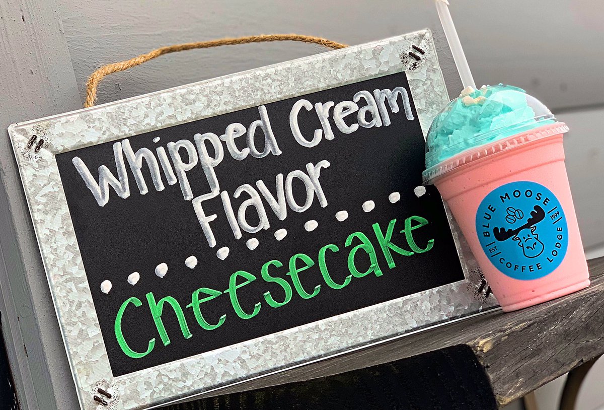 bluemoosecoffee's tweet photo. Our flavored whipped cream of the week is - Cheesecake! Enjoy with our Raspberry Vanilla Bean Cream Smoothie or treat yourself with our daily special today- $1.00 off White Chocolate Blueberry Mochas✨ https://t.co/tn8kzcTs4p