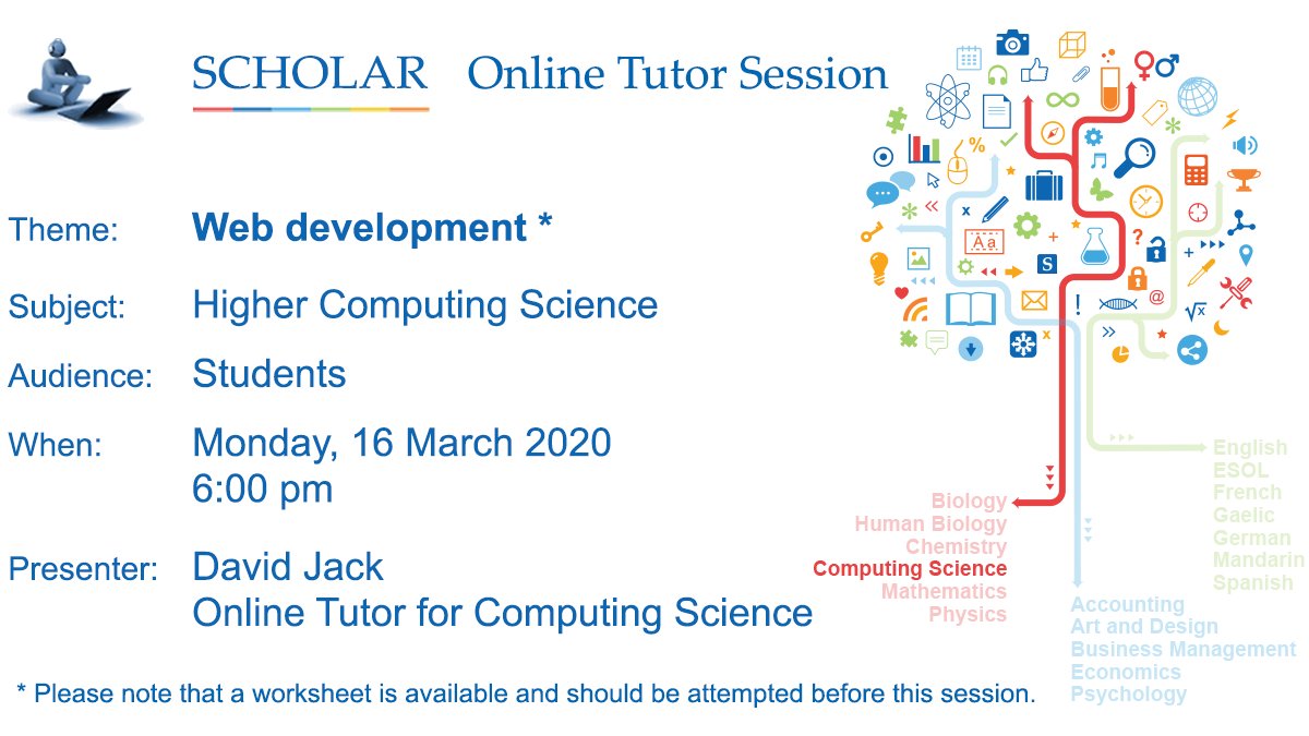 ScholarUK's tweet image. Studying Higher Computing? Try our ‘Web development’ worksheet:
scholar.hw.ac.uk/sessionsSchedu…
Join us today, Monday 16 March
heriot-watt.adobeconnect.com/scholartutorse…
#HigherComputing #revisionhelp