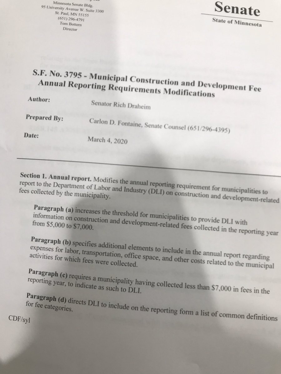 HFMNAdvocacy's tweet photo. In Senate Local Gov Committee, Senator Draheim introduces SF 3795, a bill to modify annual reporting requirements related to construction and development fees #mnleg #LetsFixHousing https://t.co/H3IsfhpYR7