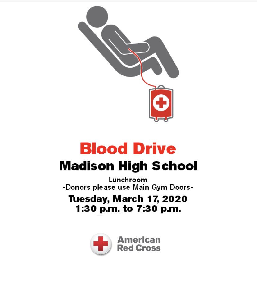 Madison_SDFBLA's tweet photo. MHS Blood Drive March 17 1:30-7:30 This is a student council event and would like as many people to attend, so we can raise money for our seniors!! https://t.co/BdNbpAmML7