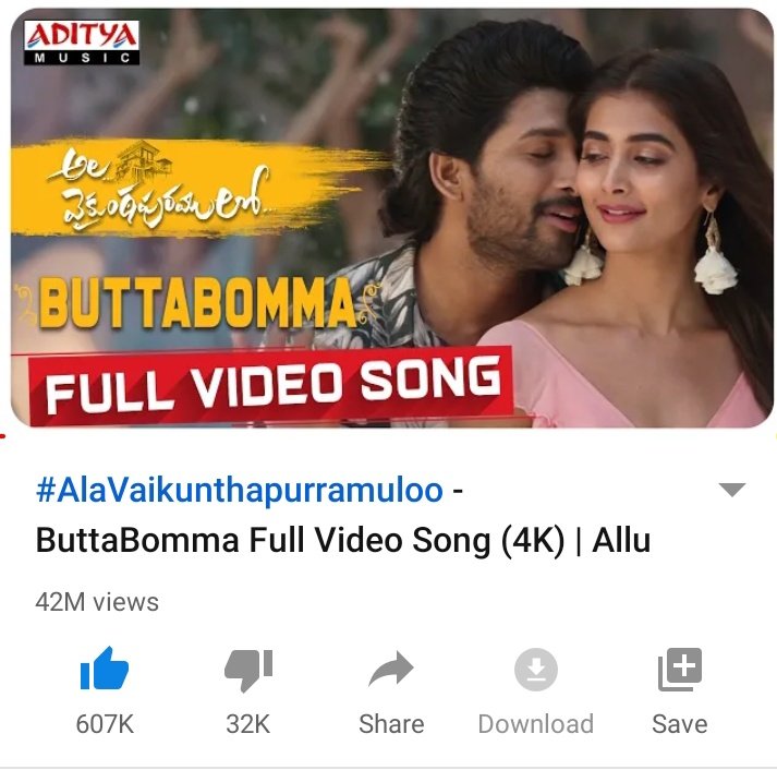 AlluArjunHCF's tweet photo. 600K Likes for #ButtaBomma Full video song ๐
This is the 4th video from #AlaVaikunthapurramuloo after #AVPLTeaser , #Samajavaragamana & #RamulooRamulaa
Only hero from TFI with Four 600K Liked videos from same movie
KING of Social media @alluarjun๐
#NonBBIndustryHitAVPL https://t.co/2m2TsBytxl