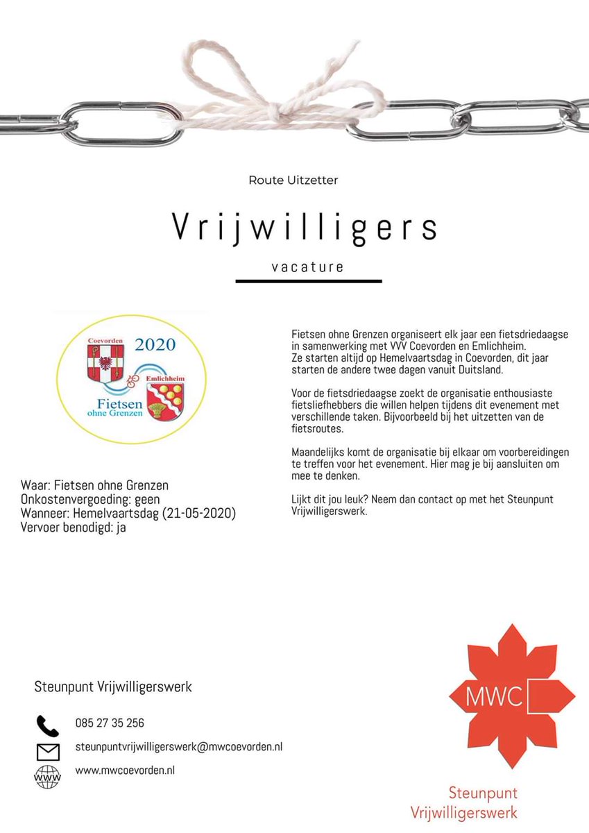 De organisatie van Fietsen ohne Grenzen is op zoek naar enthousiaste vrijwilligers voor de jaarlijkse fietsdriedaagse. Wil je meer weten of je opgeven, neem dan contact op met ons Steunpunt Vrijwilligerswerk 🚴‍♀️