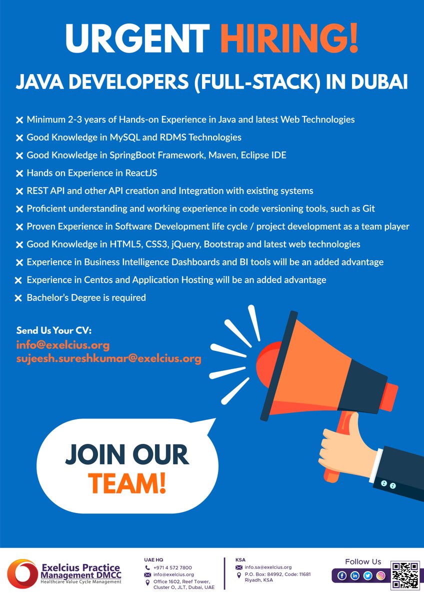 ExelciusDMCC's tweet photo. Urgent Hiring! Java Developer (Full-Stack) in Dubai.

Send us your CV: info@exelcius.org or sujeesh.sureshkumar@exelcius.org

#itsolution #javadeveloper #healthsystems #fullstackdeveloper #fullstackdevelopers https://t.co/InPzNItg2l