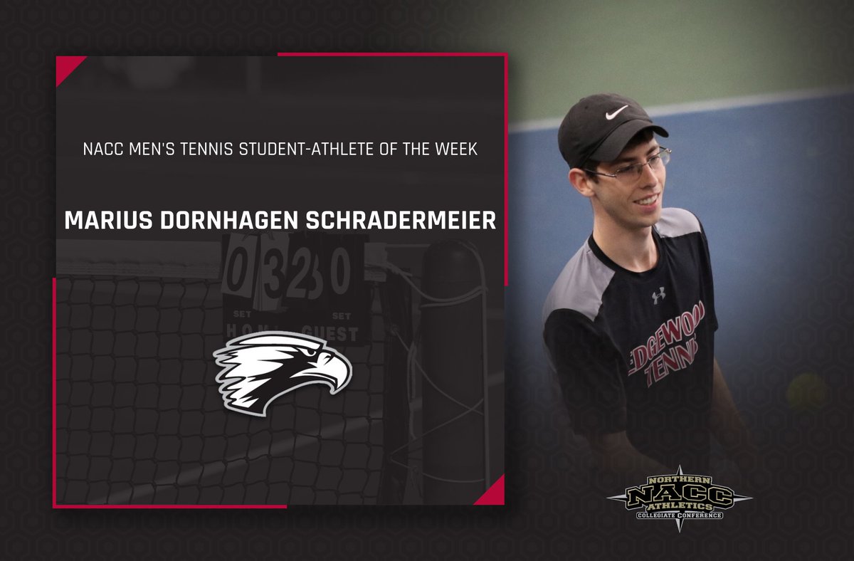 Congrats to @mschradermeier - NACC Men's Tennis Student-Athlete of the Week! <a href="/Tweagletennis/">Edgewood Tennis</a> 

🦅 2-0 at No. 1 doubles with Jackson Venske
🎾 1-1 at No. 1 singles
🦅 2-0 in Eagles 5-4 win over St. Norbert

Story - bit.ly/2Q3LjNh