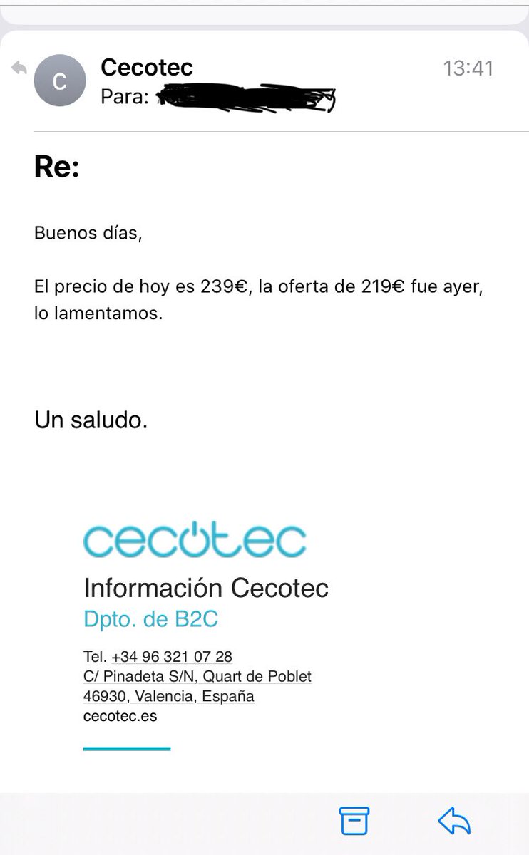Escueta respuesta de <a href="/CECOTECoficial/">Cecotec</a> a un cambio imprevisto a mediodía de ayer de un precio mientras realizaba la compra.
A pesar de demostrar que estaba realizando la compra, me dicen que “lo lamentamos”.
Mal empezamos.
<a href="/AfectadoCecotec/">Afectados Cecotec</a>