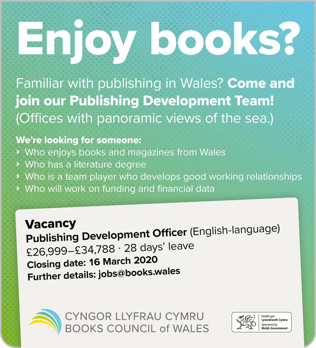 Books_Wales's tweet image. ❤️books?  
Interested in the publishing sector in Wales?

📢Less than a week until the closing date of our Publishing Development Officer post.

Join our Publishing Development Team!

Closing date: 16 Mawrth 2020

#LoveReading #Jobs