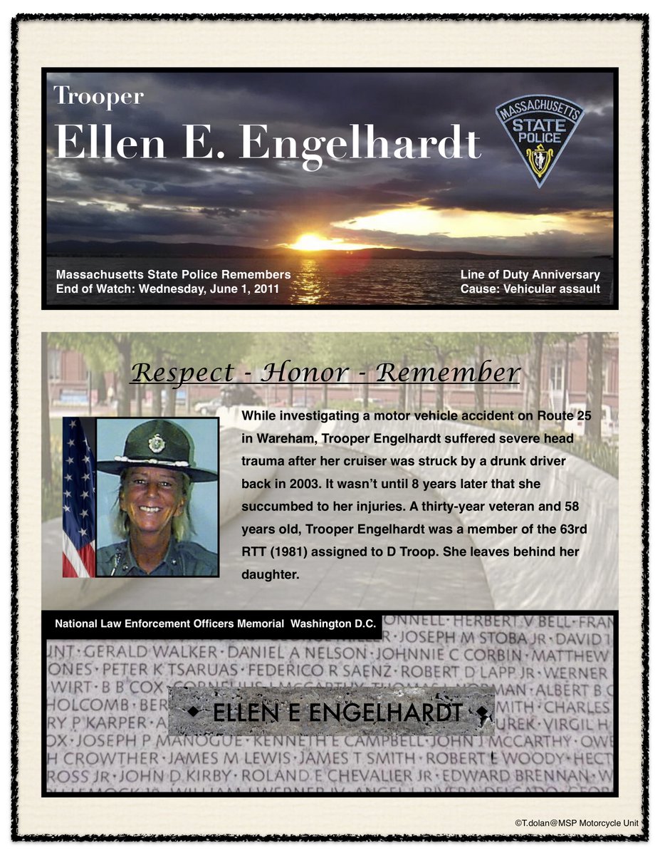 Mass State Police Please Take A Moment Out Of Your Day On June 1st To Honor And Remember The Sacrifice Of Trooper Ellen E Engelhardt Eow June 1 11 Lodd