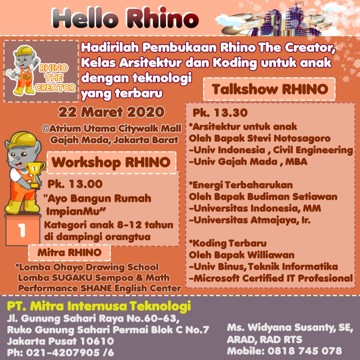 sugakuindonesia's tweet photo. Launching Rhino The Creator, Kelas Arsitektur &amp; Koding untuk anak tanggal 22 Maret 2020 Pk.13.00 @ Citywalk Mall Gajah Mada, Ayo ikutan yukkk #rhinothecreator #architectureforkids #kelasarsitekturanak #kursusarsitekturanak #franchise #waralaba #codingclass #kelaskoding #bimbel https://t.co/8qBvr1Rplf