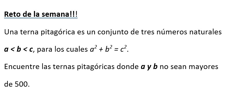 UPIITAcode's tweet photo. #retoUPIITAcode Encuentre las ternas pitagóricas menores a 500. Da retweet y envía tu respuesta por DM en #C #Java o #Python, ¡primera respuesta correcta gana premio! https://t.co/IXXB8iGh7o